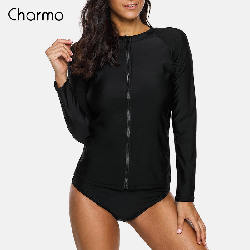 Charmo Women Long Sleeve Zipper Rashguard Swimsuit Solid Color Rash Guard Swimwear Surfing Top Running Biking Shirts UPF50+ TOP