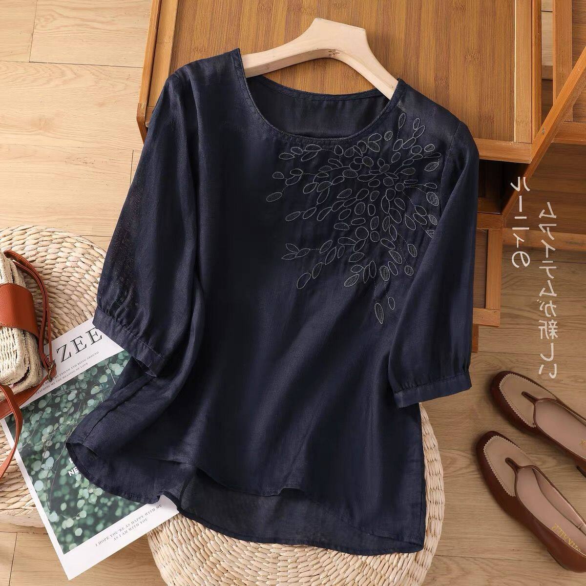 Luckin hàng hiệu cho phụ nữ áo nữ cotton Áo Linen ngắn tay cổ tròn áo cánh thêu trơn đơn giản áo sơ mi màu mùa hè ngoại cỡ mới