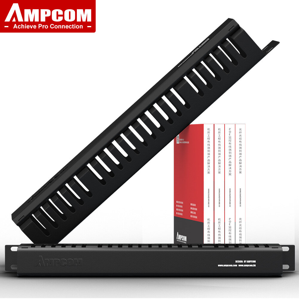 AMPCOM quản lý cáp, 1U quản lý cáp ngang gắn 19 inch máy chủ Rack , 12/24 khe kim loại ngón tay ống dụng cụ cuốn dây với bìa