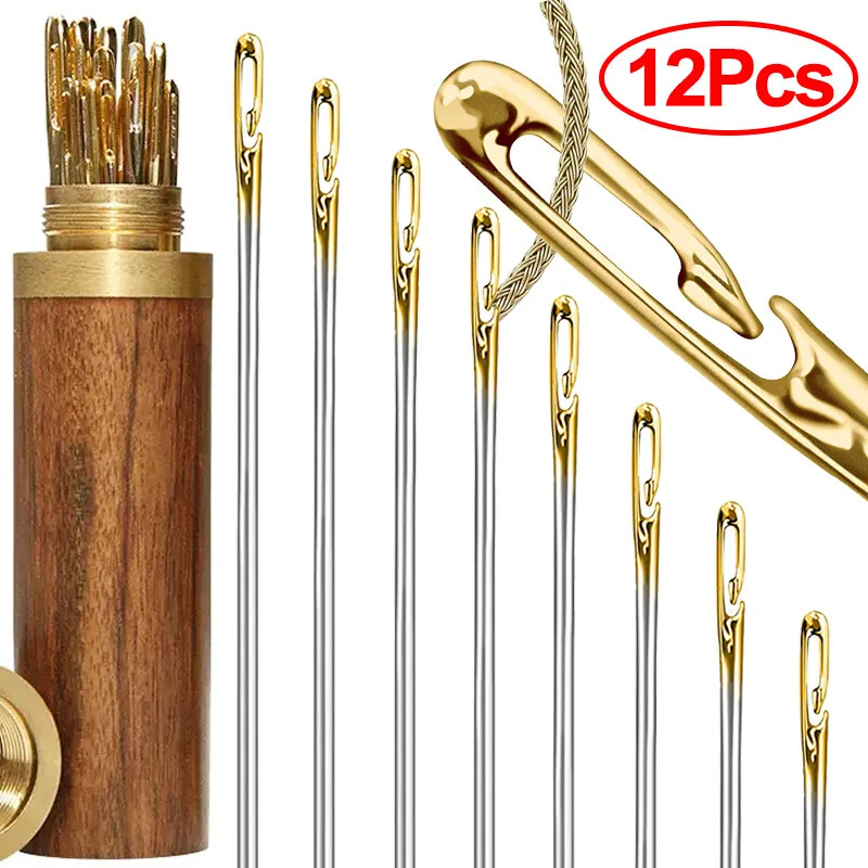 12PCS Side lỗ mù kim hộp gỗ may thép không gỉ người già kim cho may hộ gia đình DIY jewerly beading threading kim
