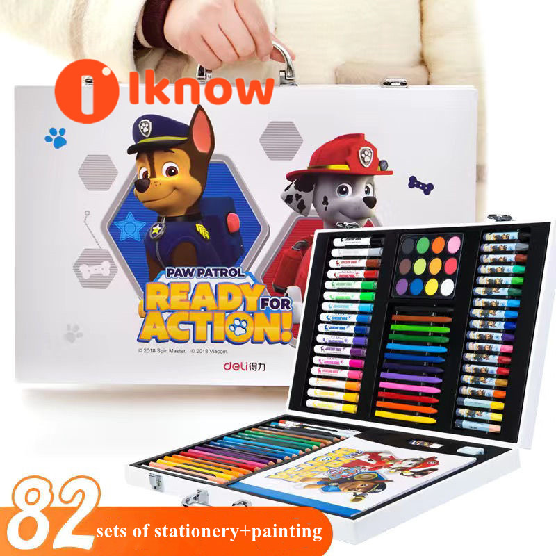 I know deli bộ hộp quà tặng tranh paw patrol 75402, cọ vẽ và que sơn dầu cho học sinh, quà sinh nhật cho bé trai và bé gái