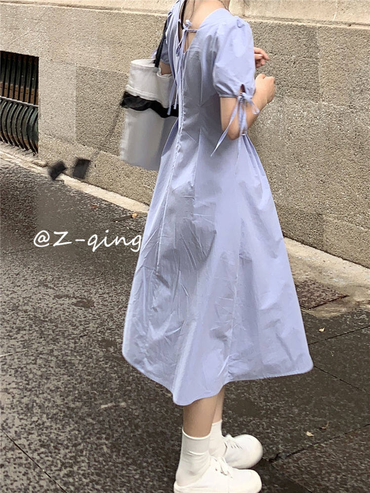 French style square collar puff sleeve dress design niche temperament slim fit gentle first love backless white fairy skirt