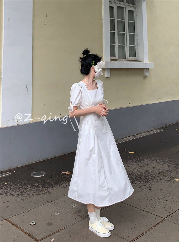 French style square collar puff sleeve dress design niche temperament slim fit gentle first love backless white fairy skirt