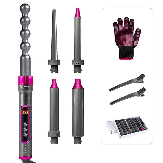 Gambar 5 IN 1 Ceramic Curler Iron Set Interchangeable professional Hair Curling Iron Hair waver Smart Digital Display Pear Flower Cone