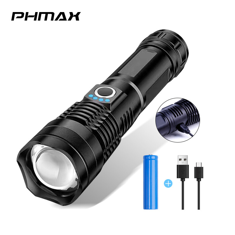 Phmax đèn pin led siêu sáng với hạt đèn led xp-l v6 đèn pin chống nước có thể thu phóng 4 chế độ chiếu sáng sạc usb đa năng