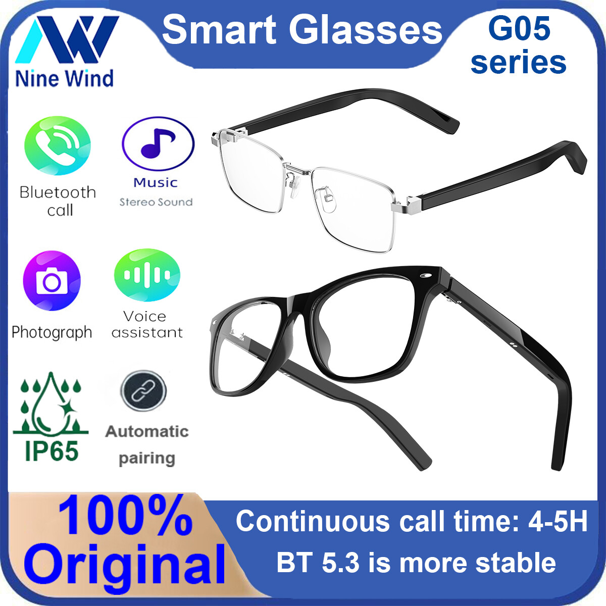 NineWind G05 smart Bluetooth glasses for making calls, music, remote control, taking pictures, voice assistant, sunglasses, driving, calling, music and cycling, polarized fashion audio glasses ราคา 1,867 บาท*ส่งฟรี