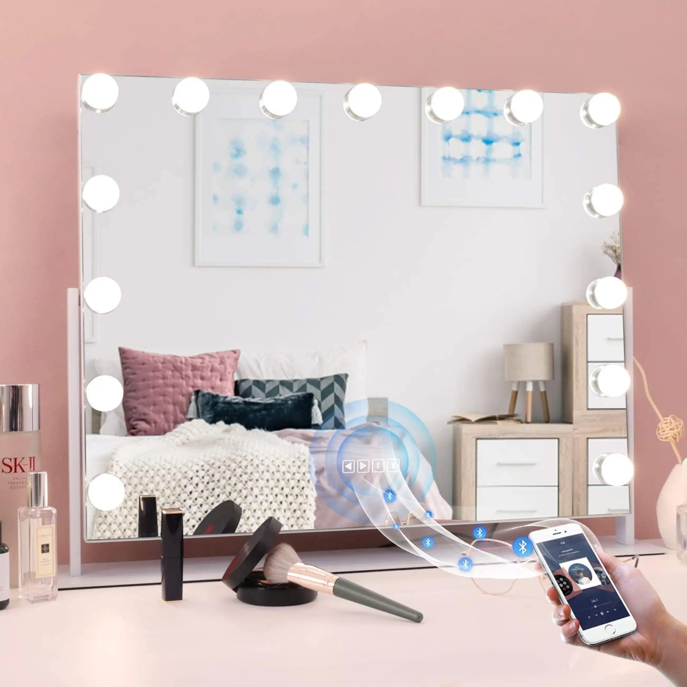 15 Dimmable Led Lights, Large Vanity Mirror With Lights And Bluetooth