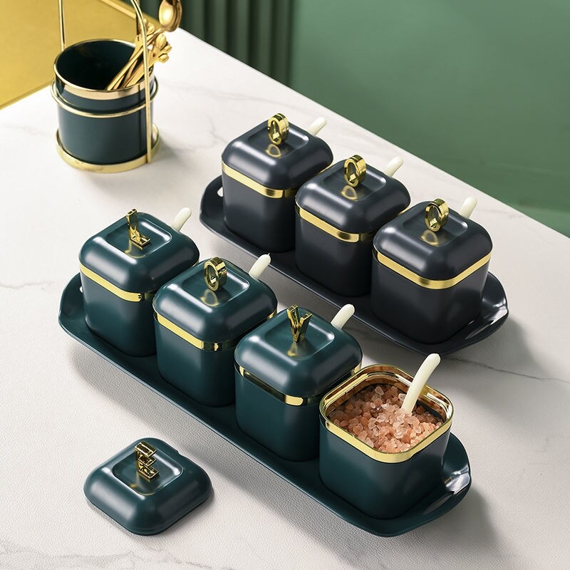 Gambar Seasoning box combination set love household kitchen supplies salt sugar monosodium glutamate four grid storage one multi grid seasoning jar