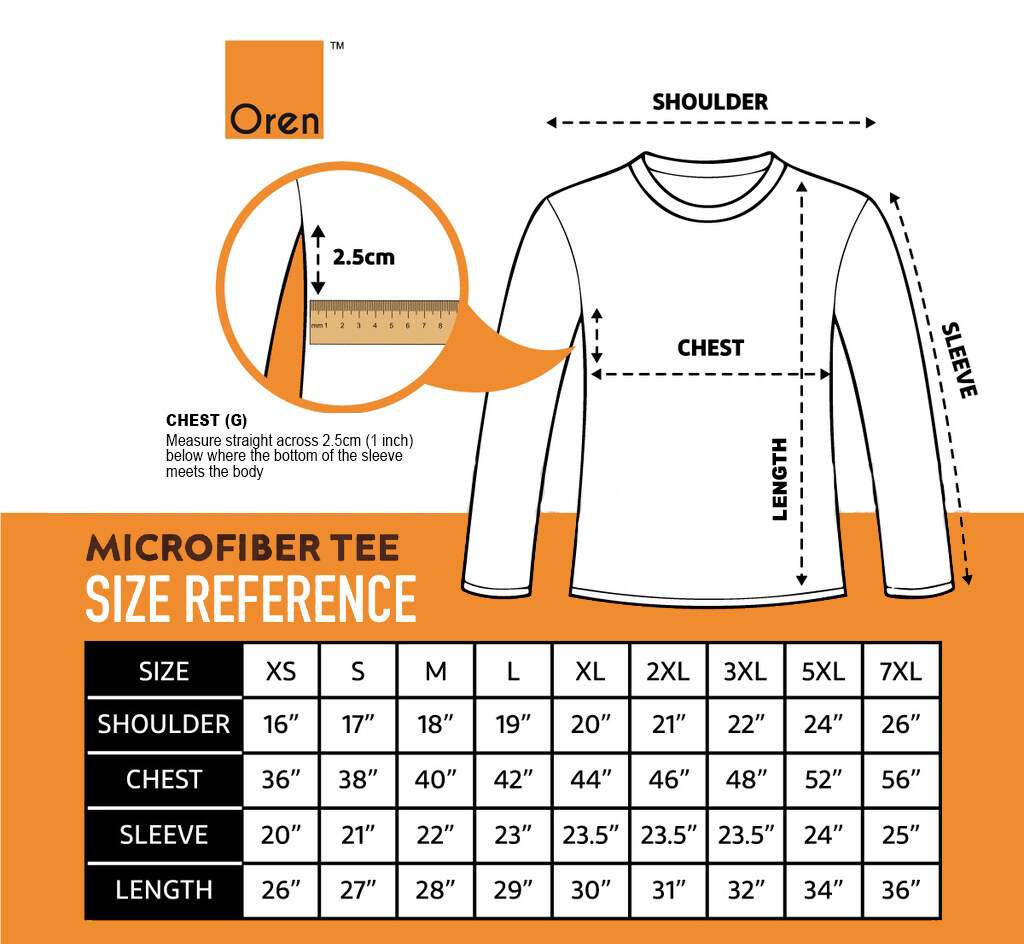 oren sport quick dry size chart