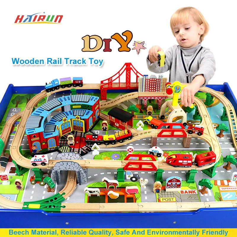 wooden train set buildings