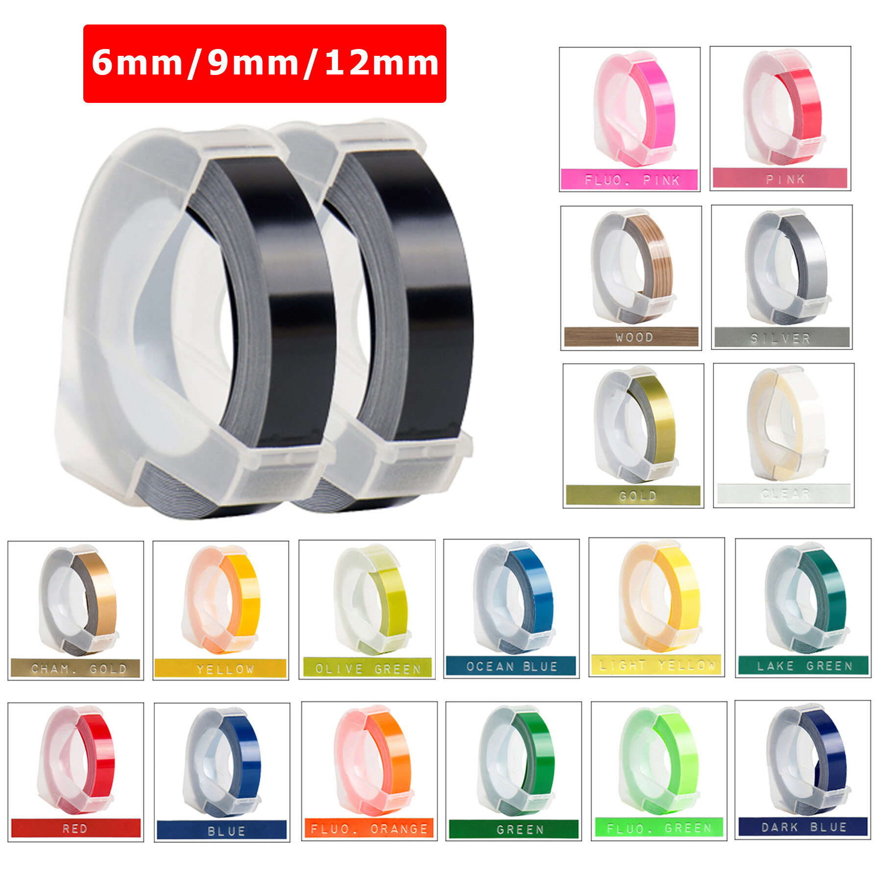2 cuộn băng dập nổi 3d 6mm/9mm/12mm cho dymo 3d dập nổi băng 9mm băng nhãn nhựa tự làm cho dymo 1880 12965 1610 motex e-101 motex e-202 e-303 máy in nhãn