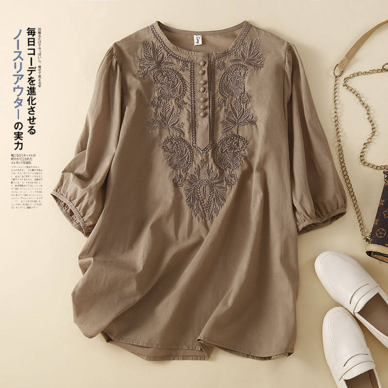 LUCKIN STORE Women's Loose Short Sleeve T-shirt Solid Color Embroidered Cotton and Linen Round Neck Top Summer New Plus Size Blouse