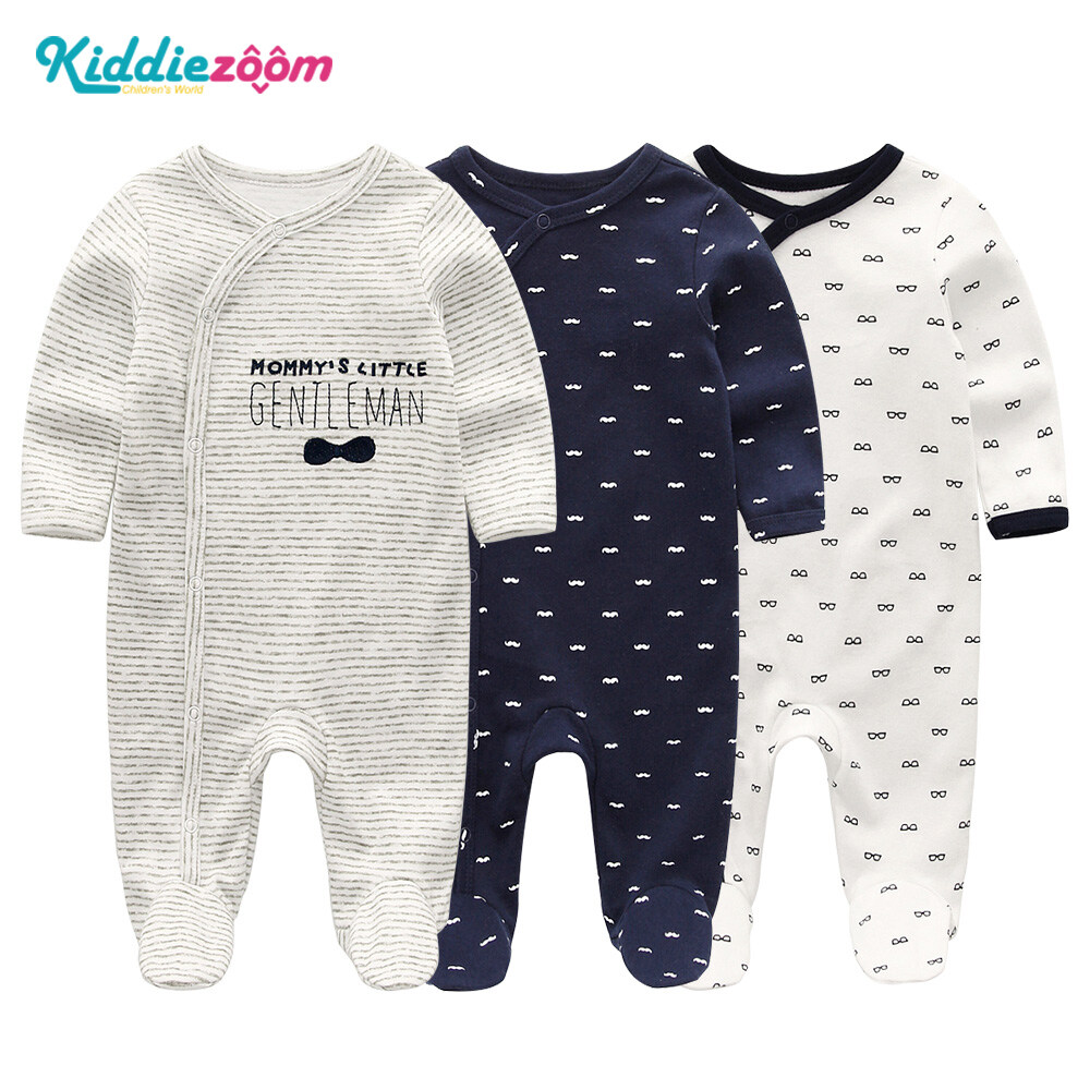 Kiddiezoom 3PCS Newborn Baby Long Sleeve Romper Clothing 100% Cotton Button Closure 0-12 Months