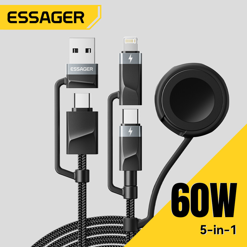 Essager 60W 5-trong-1 USB-A sét iWatch Cáp sạc nhanh cho iphone16 15 14 MacBook Huawei nhanh Xiaomi 