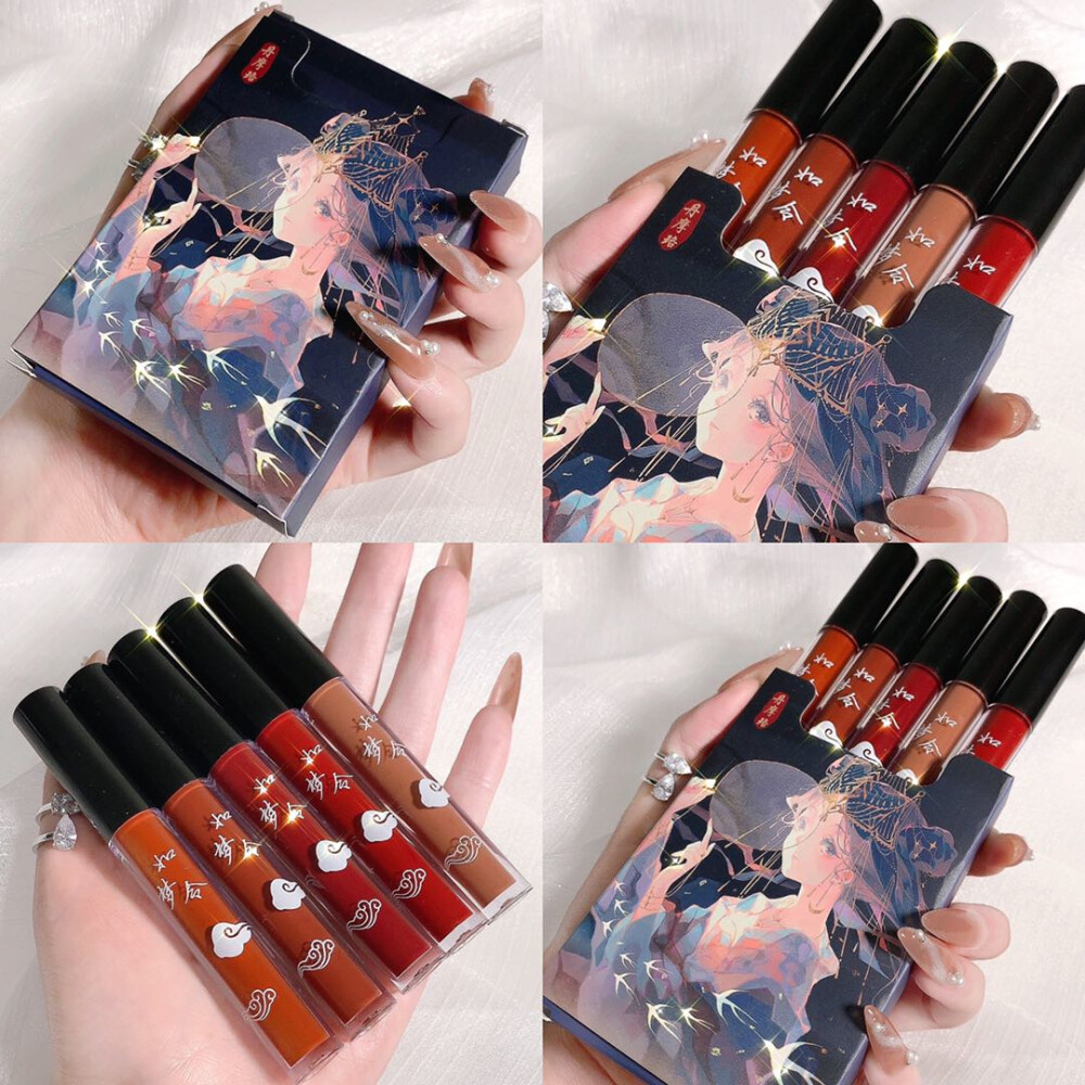 Gambar ?1 Box 5 Lipstick (Waterproof Durable) Chinese Style Lip Glaze Set Long Lasting Color Non Stick Water Proof Matte Velvet Lipstick Lipstick Set Naturally White Small Thin Heel Lipstick