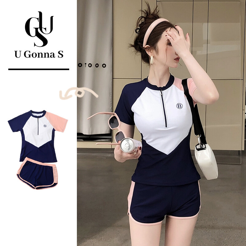 Trang phục bơi Phụ Nữ Sexy 2 Mảnh 2024 Bodycon Đệm nâng tay ngắn Bikini đi biển Đồng Bằng Dễ Thương Thời Trang Căng Ra Hàn Quốc U Gonna S