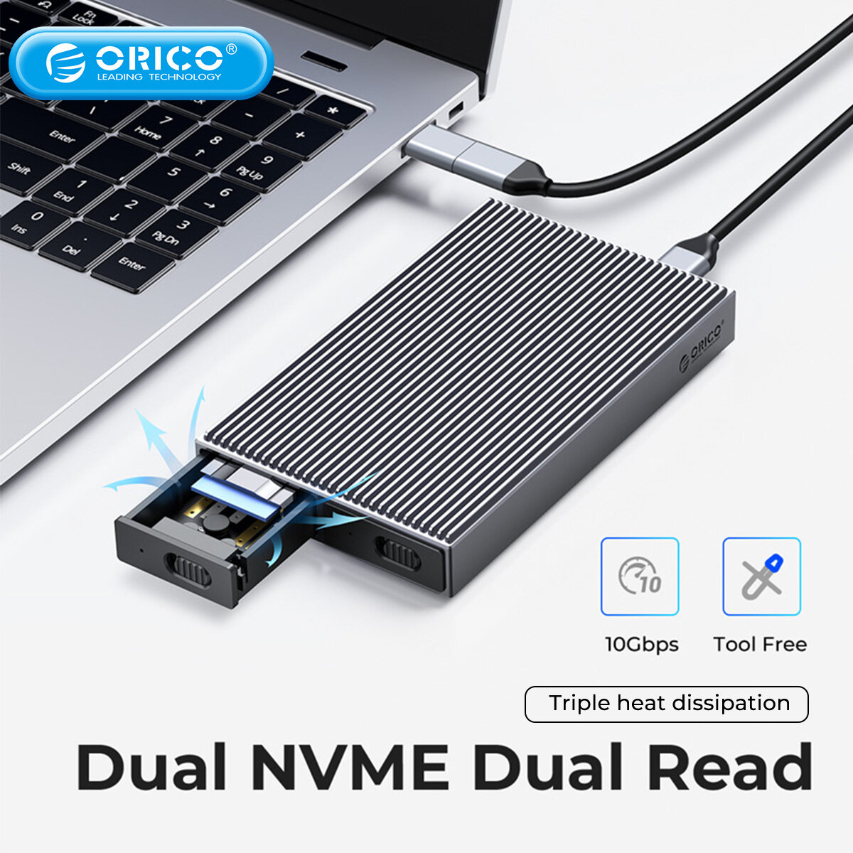 Orico vỏ nhôm dual bay m2 nvme vỏ đựng ổ ssd 10gbps cho ổ cứng ssd m key m & b nvme pcie công cụ miễn phí tích hợp tấm làm mát