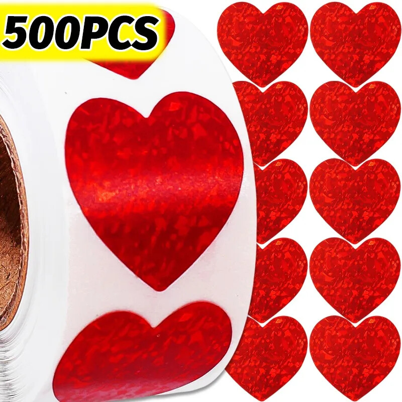 Dizoey 500 cái/cuộn hình trái tim tình yêu Laser Sticker long lanh dính vòng niêm phong nhãn Ngày Valentine món quà cưới trang trí nội thất nhãn dán sổ lưu niệm