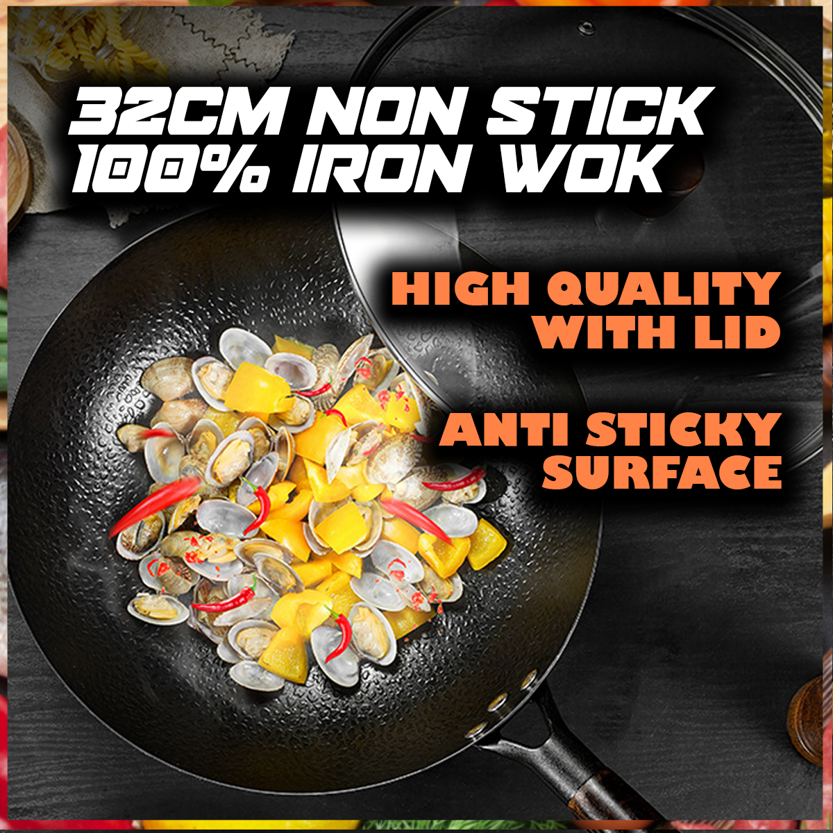 Gambar High Quality 32CM Non Stick Wok 100% Iron Non Coating Wok With Lid ???????Kuali Hitam Non Stick Wok Frying Grill Pan