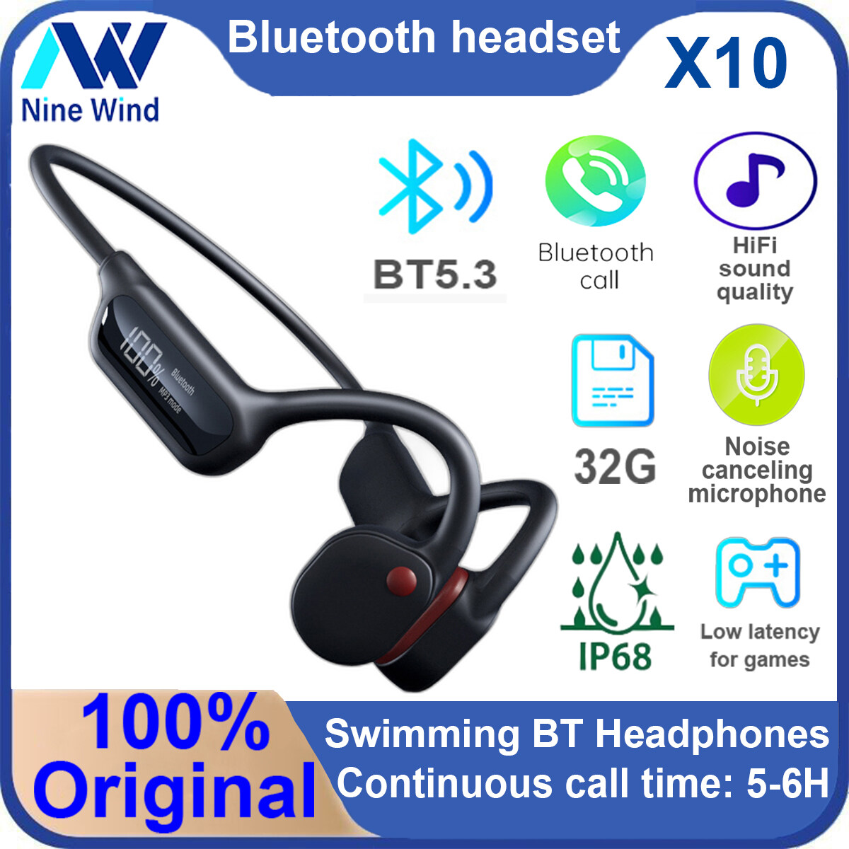 Ninewind X10 Màn hình hiển thị kỹ thuật số Bluetooth dẫn truyền qua xương Bơi Tai Nghe 5.3 chạy tập thể thao Với 32G Bộ Nhớ bluetooth không dây Leo Núi Tai Nghe