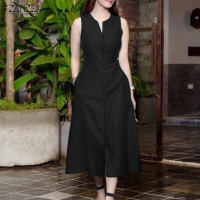 ZANZEA Womens Vintage Sleeveless V-Neck Plain Midi Dresses Casual Loose Front Slit Sundress Red Dress #8