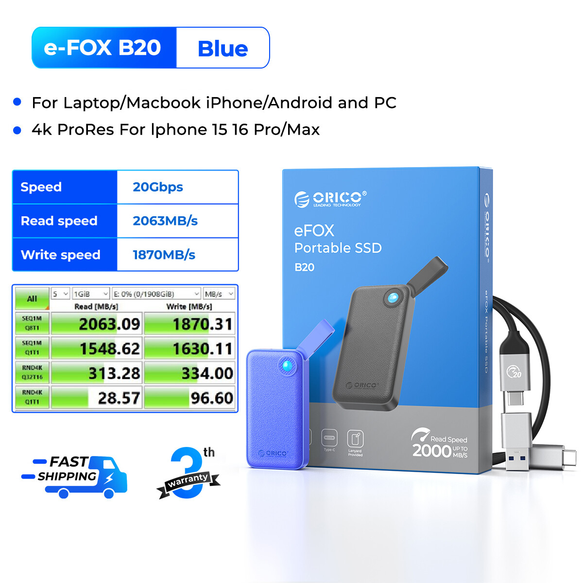 ORICO E-FOX 2000 MB/giây cực kỳ di động SSD 512GB 1TB 2TB 4TB USB 3.2 Gen 2*2 SSD cho Android di độn