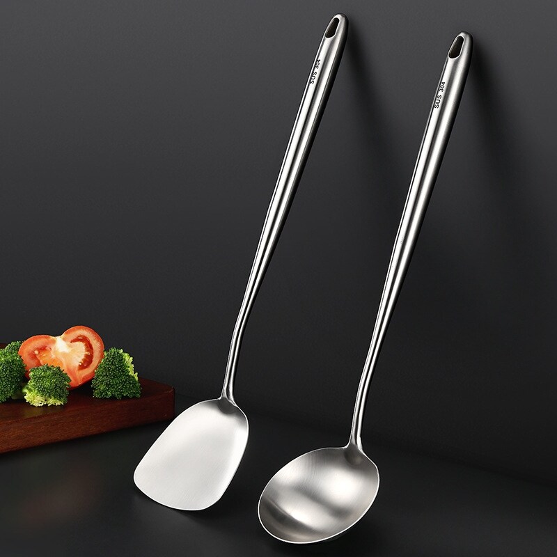 Gambar Spatula Spoon Kitchen Utensils 304 Stainless Steel Wok Spatula and Ladle Cooking Tool Long Handle Soup Ladle Spoon Spatula
