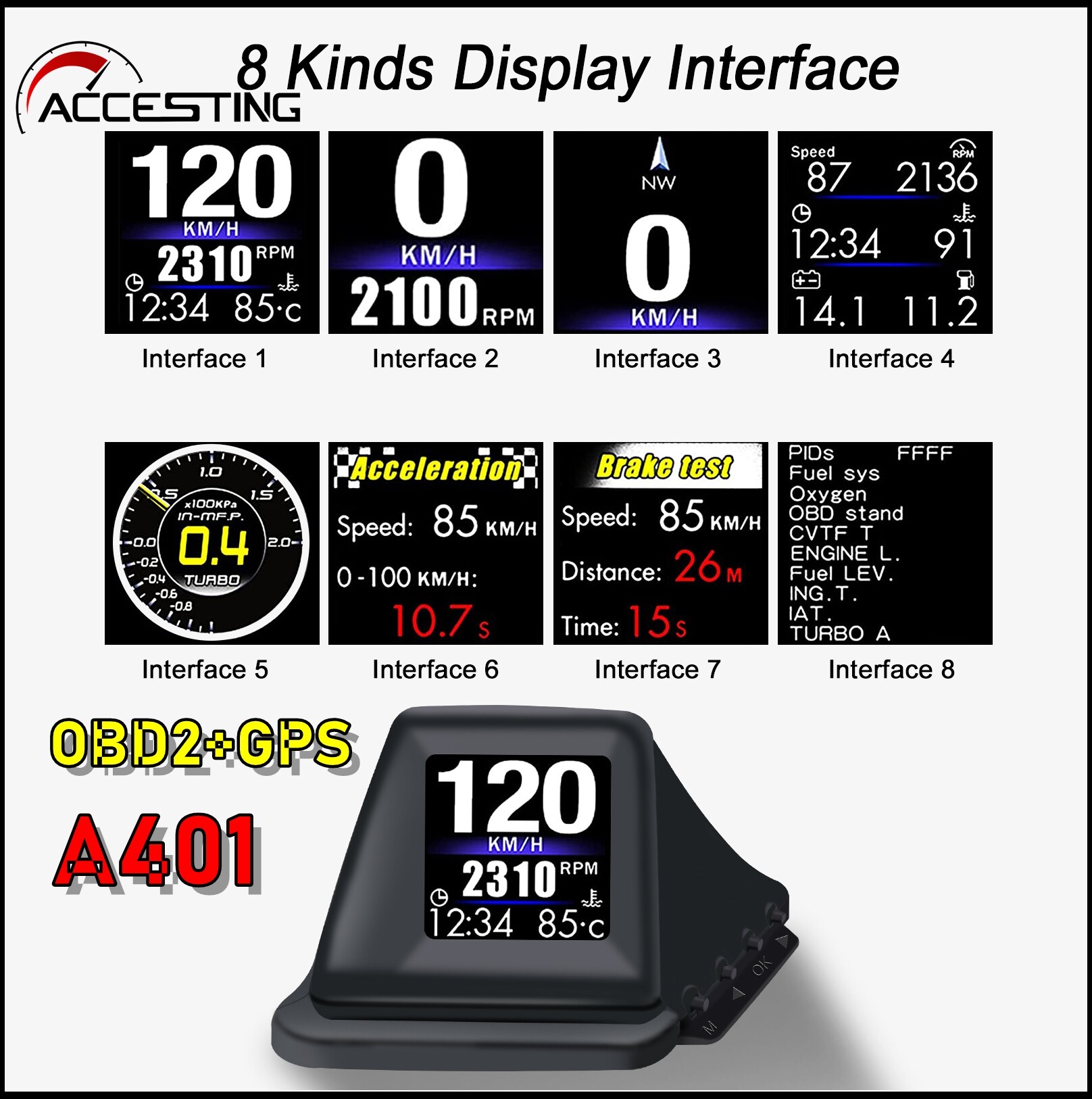 A401 HUD cho xe ô tô GBS OBD hệ thống màn hình hiển thị trên kính chắn gió đo tốc độ máy chiếu Đồng