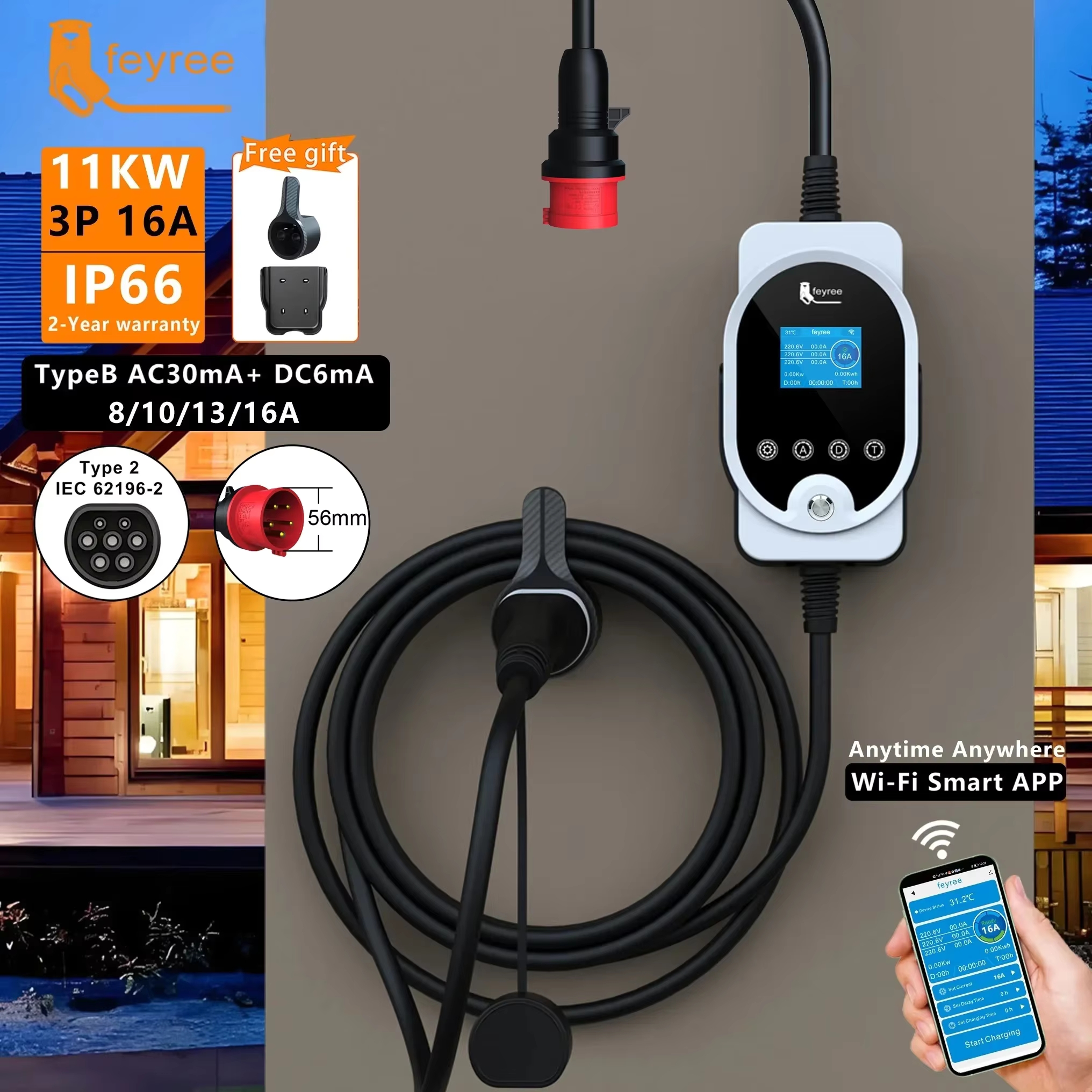 feyree 22KW EV Portable Charger Type2 Cable 32A 3Phase EVSE Wallbox Wi-Fi APP Smart Fast Charging Station for Electric Vehicle ราคา 11,980 บาท*ส่งฟรี