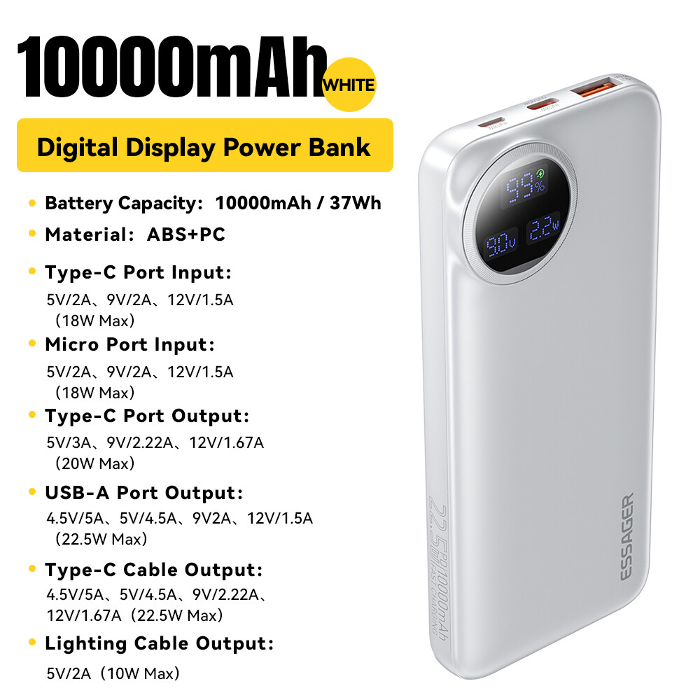 Essager usba22.5w sạc dự phòng s xách tay 20000mah màn hình hiển thị kỹ thuật số với loại c cáp lightning micro sạc nhanh 10000mah 4 đầu ra 2 lnputs sạc dự phòng s cho pd20w iphone15pro Huawei Mate 60 Samsung máy tính bảng máy tính xách tay bộ sạc điện th