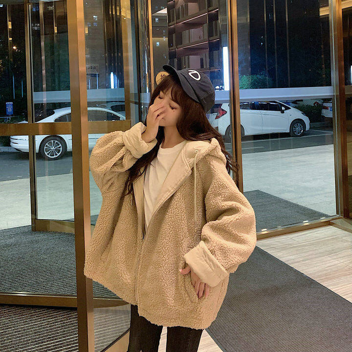 Thickened double-sided lamb wool coat for female ins students Korean style loose autumn and winter New Harajuku workwear cotton coat fashion