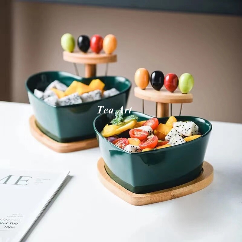 Gambar Tea Art Creative Dried Fruit Plate Ceramic Salad Bowl with Fork Household Fruit Plate Bowl Modern Living Room Candy Plate Snack Dessert Plate