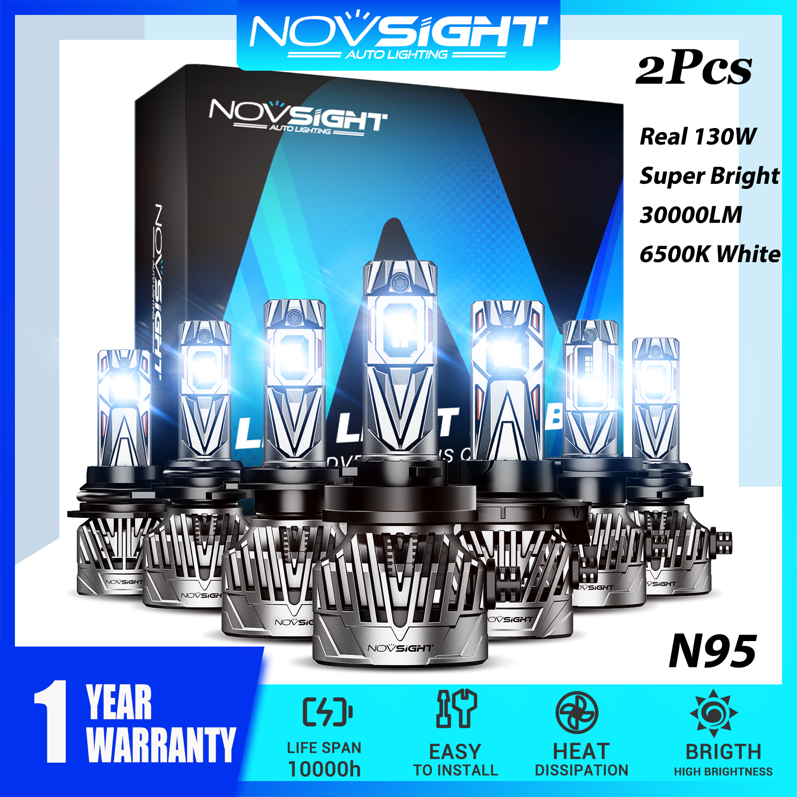 Newest Novsight N95 LED Car Headlight Bulb 9005/HB3 9006/HB4 9012/HIR2 H4 H7 H11 LED Light for Car High/Low Beam Fog Light 130W 30000LM 6500K Super Bright Plug&Play 2PCS 1 Year Warranty