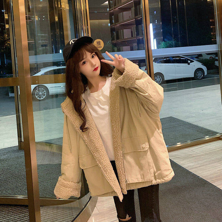 Thickened double-sided lamb wool coat for female ins students Korean style loose autumn and winter New Harajuku workwear cotton coat fashion