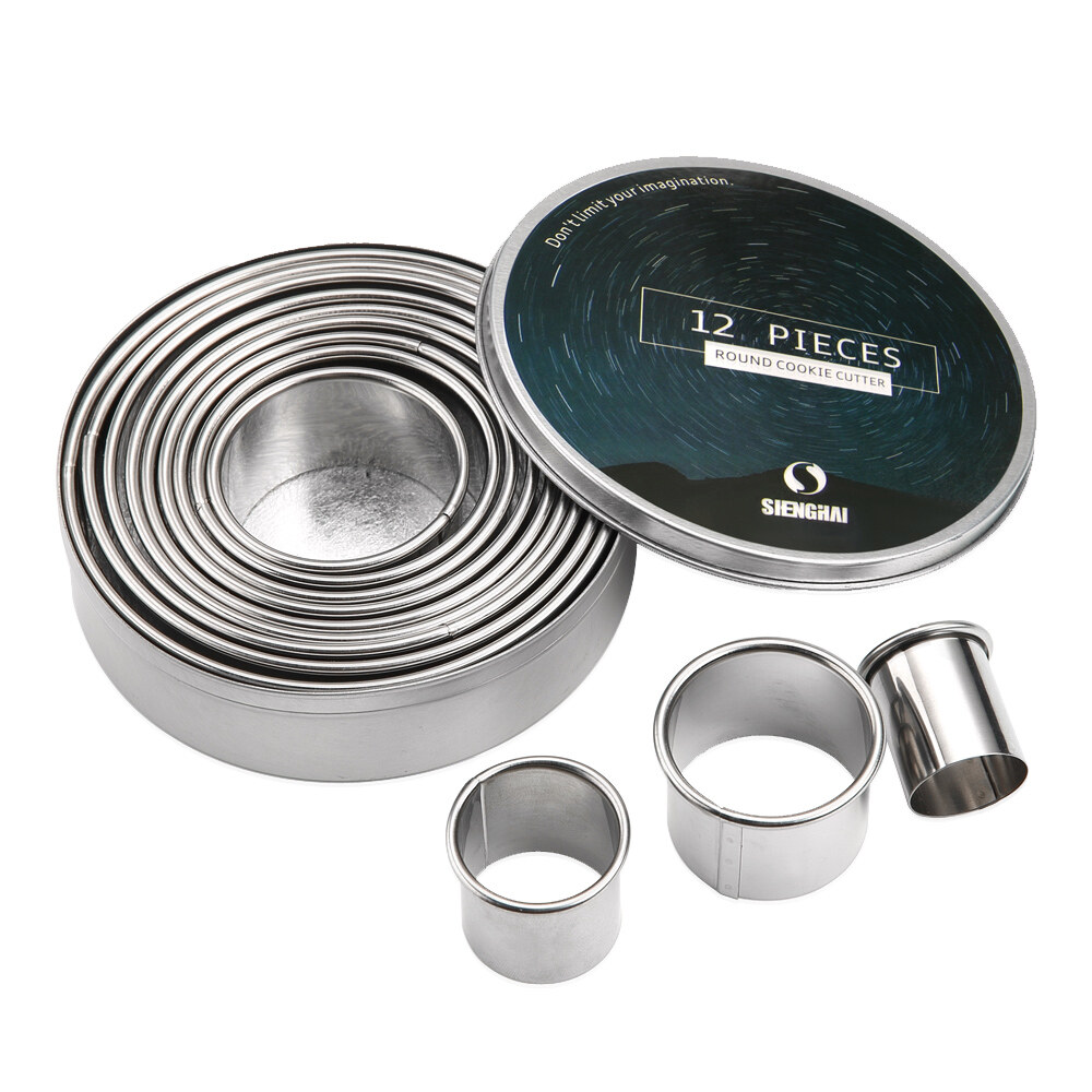 Gambar 12 PCS Round Cookie Cutter, 304 Stainless Steel Round Circle Cookie Mold, Mousse Cake Ring Baking Pastry Tool Biscuit Cake Mold Fruit Cutter Mould   SurgeHai