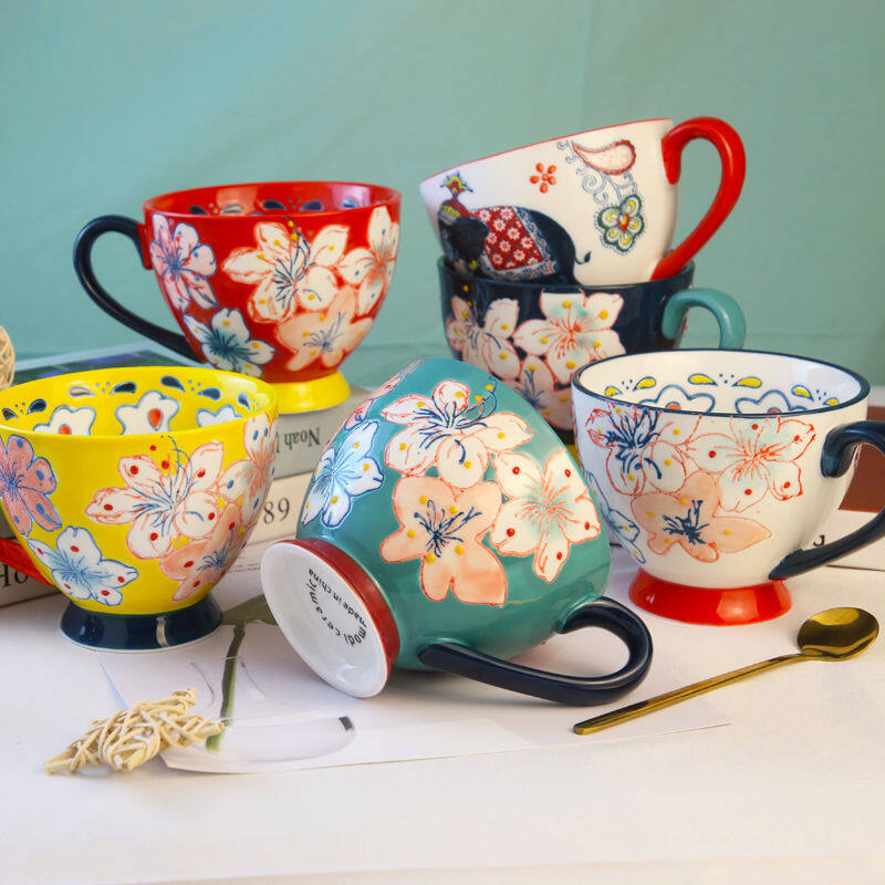Gambar Ceramic Coffee Mug Hand Painted Big Size Flower Handmade Breakfast Cereal Milk Coffee Cup Soup Bowl Best Birthday Chinese New Year Gifts for Women Girls Mother s Day Gifts for Mom Wife Daughter Friend