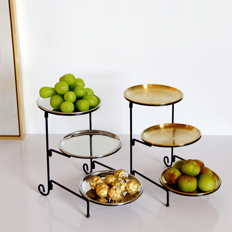 Gambar Fruit Plate Cake Plate Golden Three layer Stainless Steel Wrought Iron Removable Dessert Plate Wedding Rack Fruit Rack