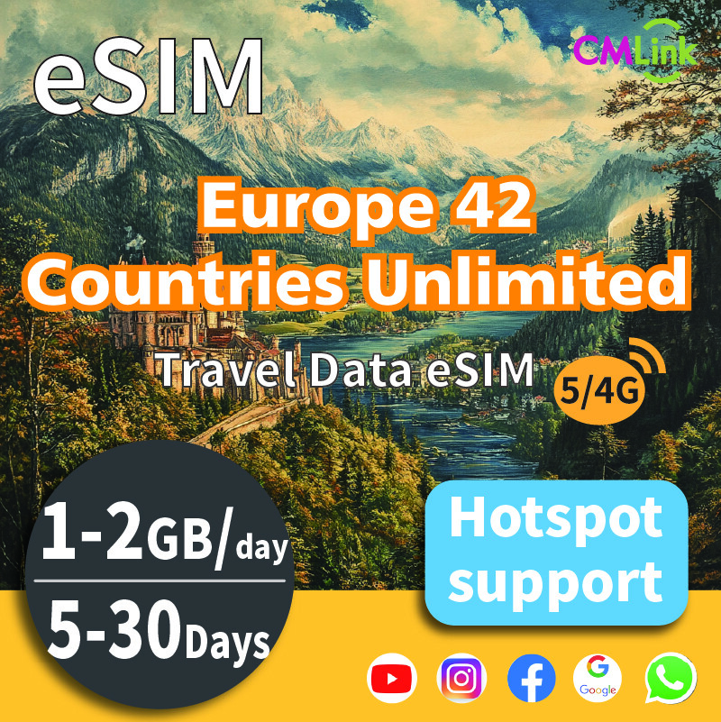 Europe 42 Countries Unlimited Data eSIM 5-30 Days 0.5/1/2GB eSIM Card for travel Prepaid sim card Unlimited 4G/5G LTE (High speed Data+ Hotspot + Top-Up, QR Code Sent to Your Email) Harga 69 Ringgit*Penghantaran Percuma