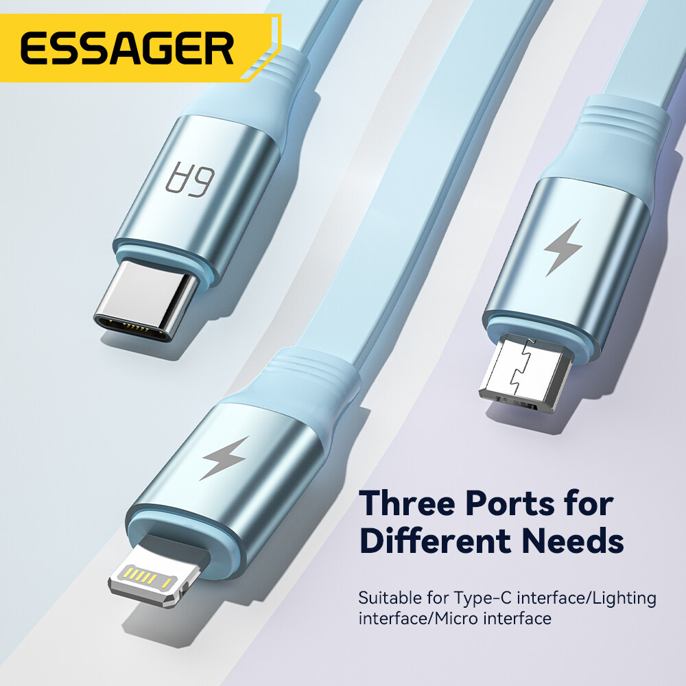 Essager 6A 3 trong 1 loại USB cáp linh hoạt co giãn nhanh sạc điện thoại Iphone Micro USBA loại C sạ