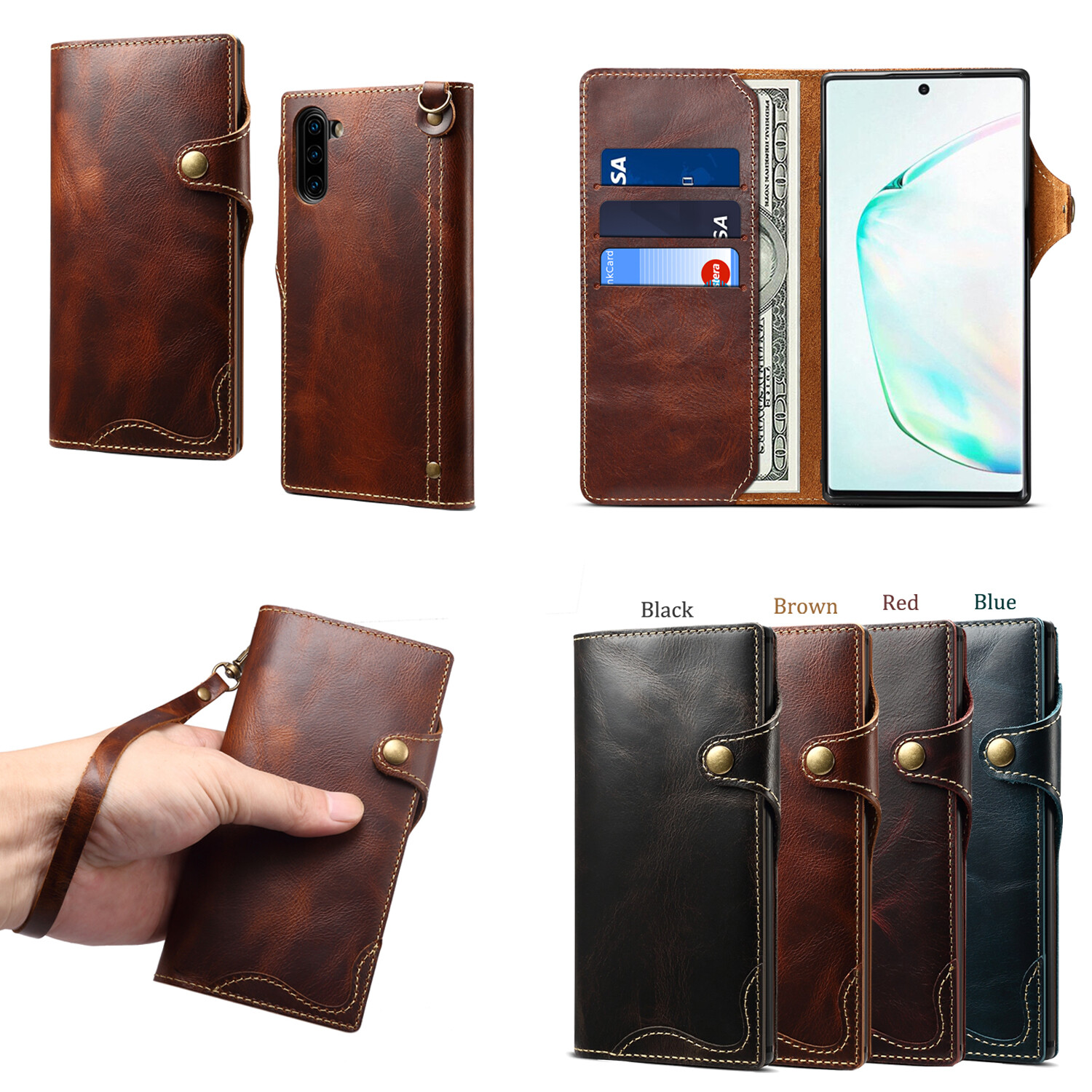Bao da thật dạng ví cho samsung galaxy note 8 9 10 20 bao da thật galaxy note10 + note10 plus note20 ultra có dây đeo tay bỏ túi