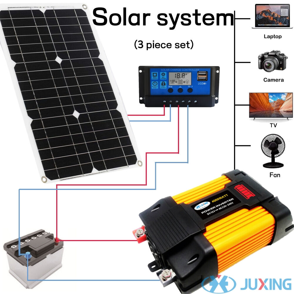 JUXING Hệ thống năng lượng mặt trời Biến tần điện 4000W+Bảng điều khiển năng lượng mặt trời 25W+Bộ điều khiển sạc năng lượng mặt trời 30A DC12V đến AC220V Biến tần điện cho nhà ngoài trời