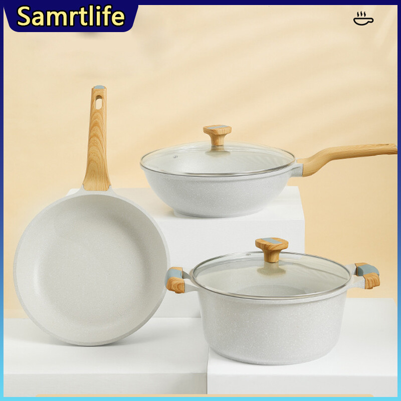 Gambar Samrtlife White Frying Pan Soup Pot Wok 3 IN 1 Set Maifan Stone Nonstick  Home Breakfast Pot Induction Cooker Gas Stove Fried Steak Pancake Non Stick Frying Pot