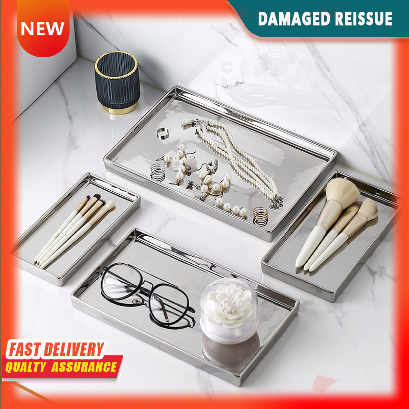 Gambar Ins Storage Light Luxury Silver Ceramic Jewelry Plate Decoration Tray Decoration Creative Silver plated Jewelry Swing Plate