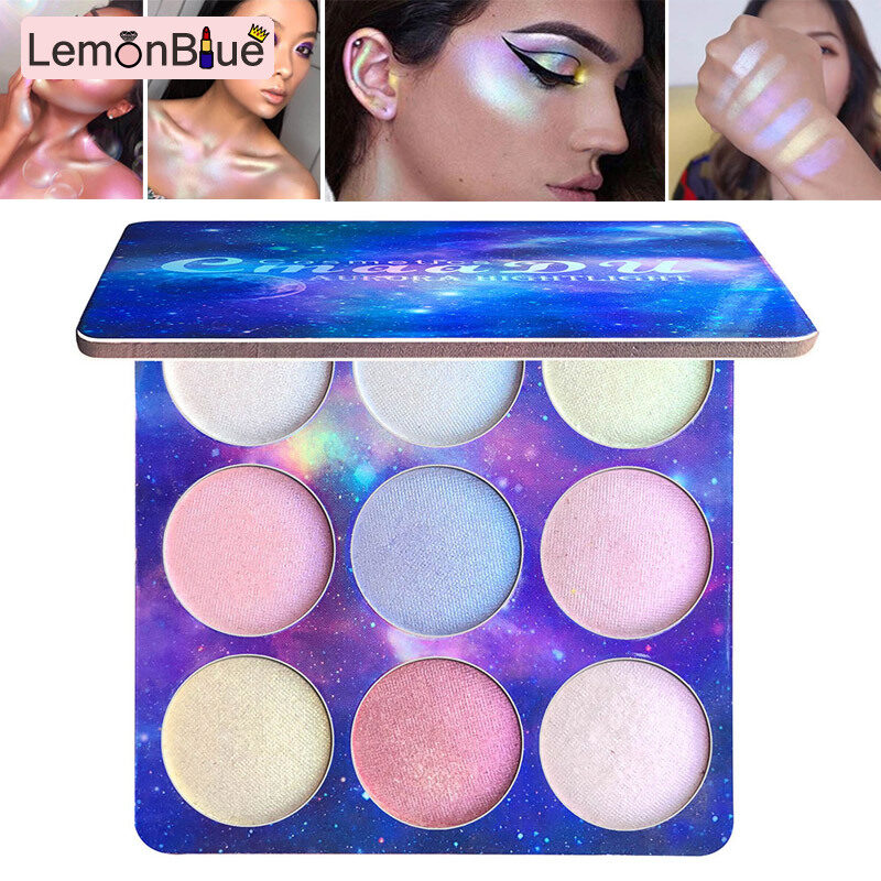 Gambar LemonBlue 9 Colors Highlighter Palette Face Brighten Makeup Colored Highlighter Eyeshadow Cosmetics Highlighter Palette Eyeshadow Palette Women Girl Highlighter Shiny Long Lasting Brighten Glow 3D Makeups Waterproof