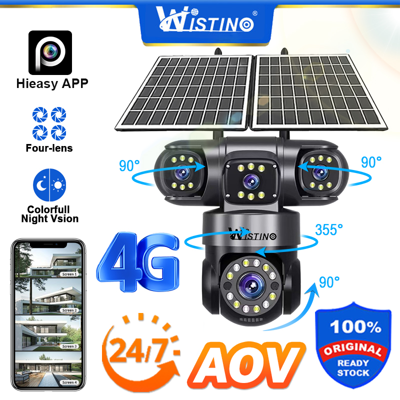 Wistino 12Mp 4g Outdoor Security Ip Camera 4 Lens 4 Screen Ptz Motion Detection Voice Alert 24/7 Online Solar Powered Camera ราคา 3,962 บาท*ส่งฟรี