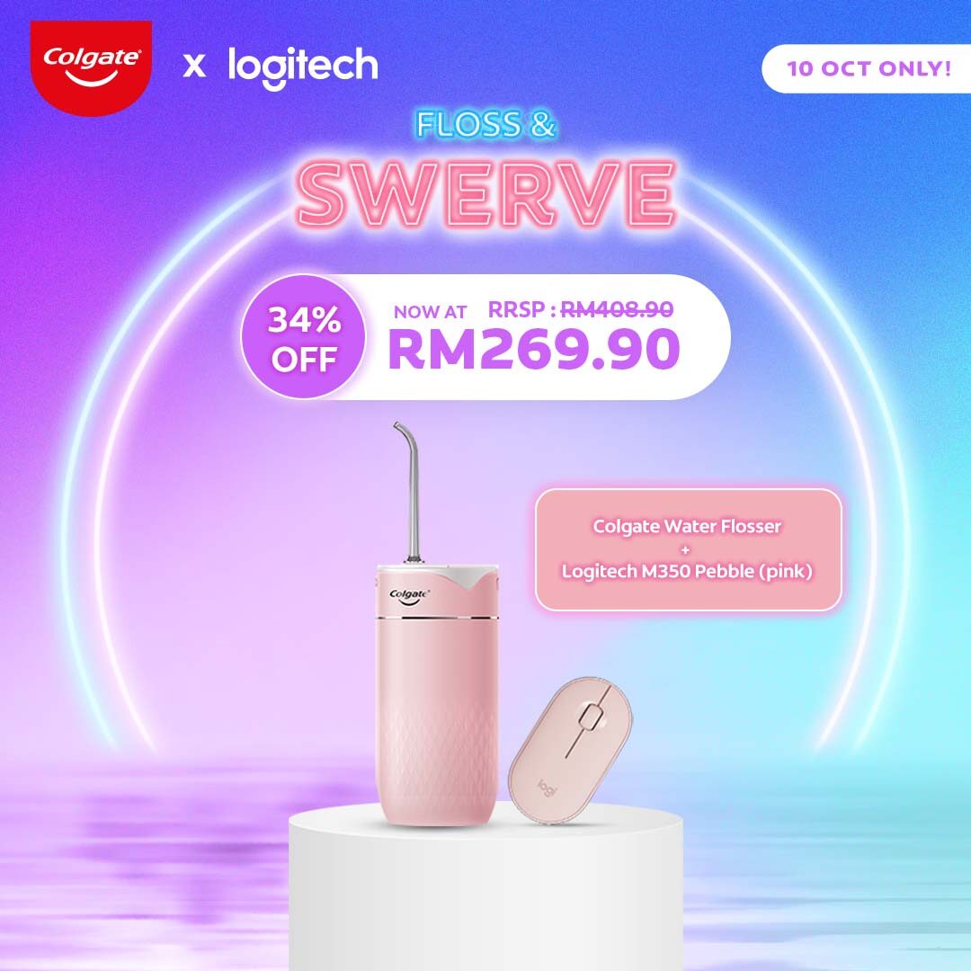 Gambar [Colgate x Logitech] Floss   Swerve Bundle   Colgate Portable Water Flosser Rechargeable, Water Resistant (IPX7) (Pink) + Logitech M350 Pebble Mouse (Pink)
