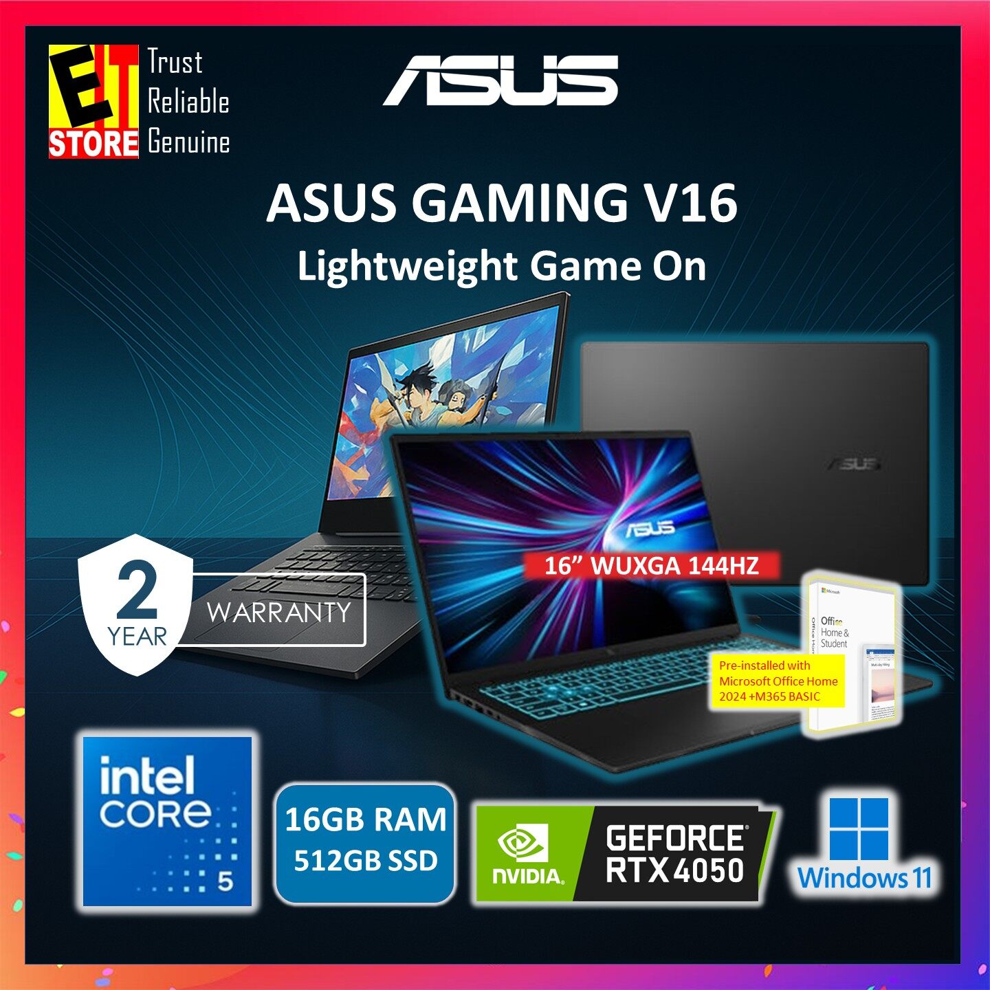 ASUS LAPTOP GAMING V16 V3607V-URP205WS (INTEL CORE 5 210H /16GB  OR 32GB /512GB SSD/16" WUXGA 144HZ / 6GB NVIDIA RTX 4050 /OFF HOME 2024 +M365 BASIC/W11/BAG/2YRS)