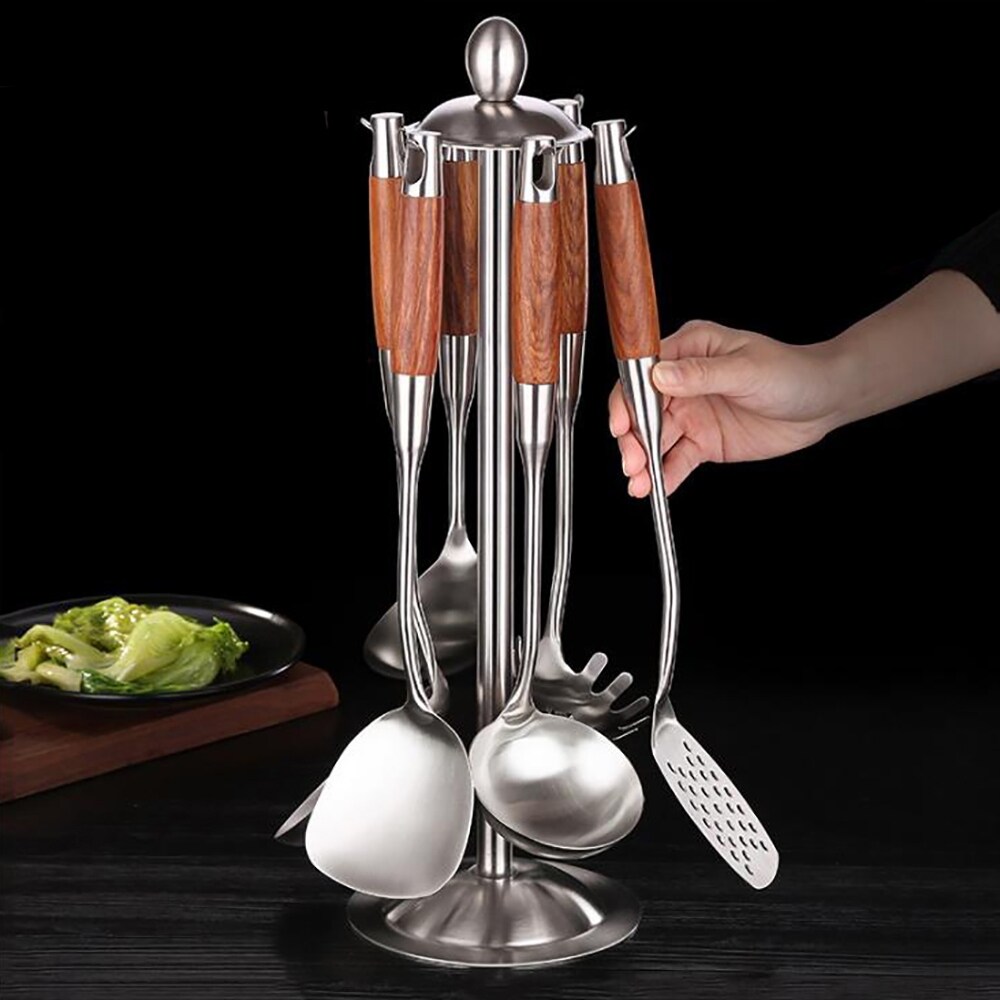 Gambar 1Pcs 304 Stainless Steel Kitchenware Spatula Spoon Colander Household Cooking Tools Wooden Handle Soup Spoon Kitchen Supplies