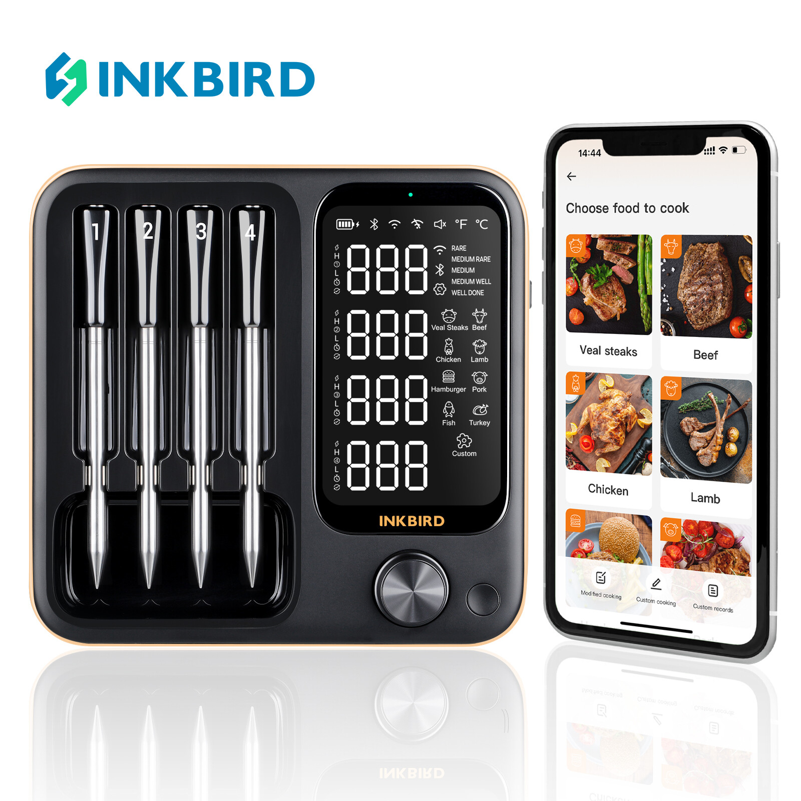 INKBIRD INT-14-BW 4 Probes Wireless BBQ Thermo-meter with Three-Mode WiFi Bluetooth Meat Thermo-meter and IP67 Waterproof ราคา 4,523 บาท*ส่งฟรี