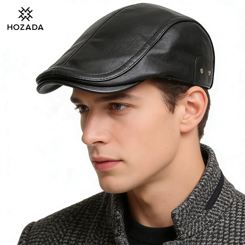 HOZADA Men Cap Men’s Beret Hat Autumn And Winter PU Cap Casual Leisure Cap Cold Proof and Warm Beret Fashion Retro Cap for Middle-aged and Old Age Outdoor ราคา 192 บาท*ส่งฟรี